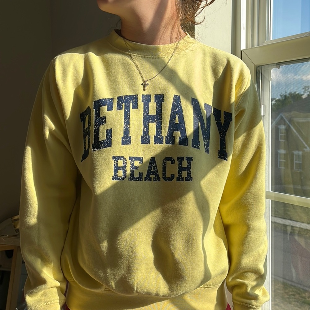 Bethany Beach Yellow Crewneck with Navy Blue wording.
